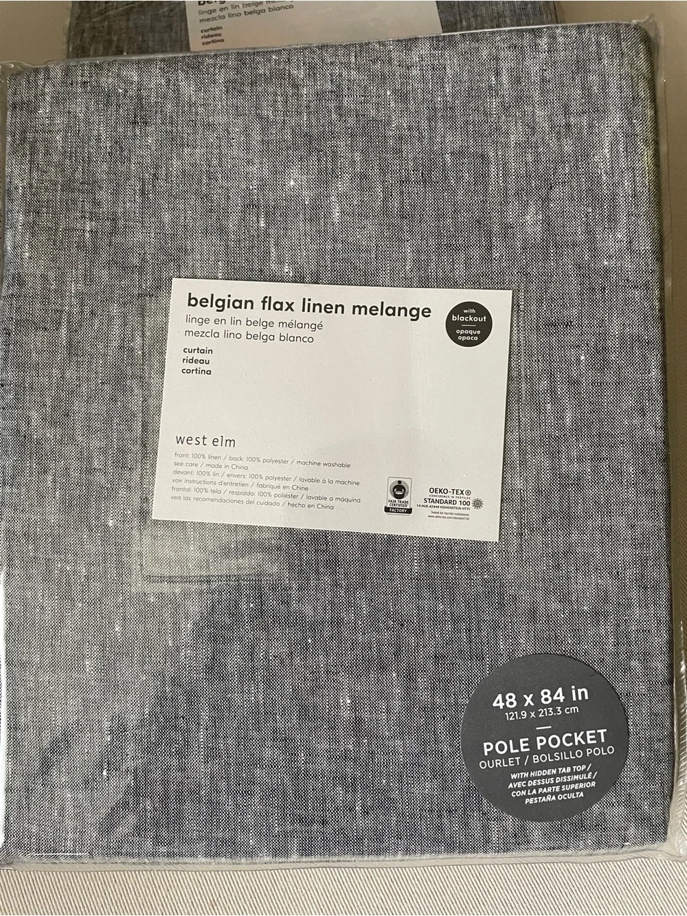NWT West Elm Belgian Flax Linen Melange Black out Panel - Heathered Gray 48”x84”